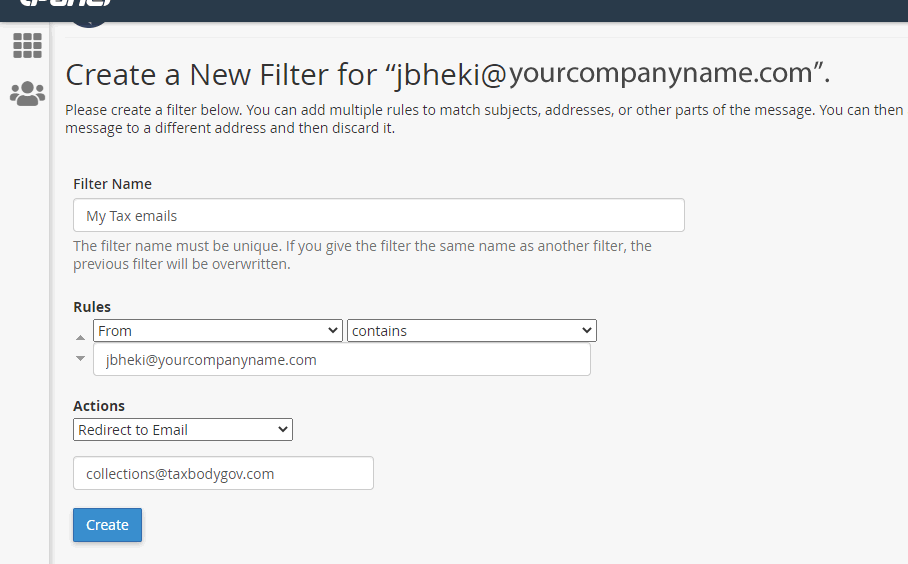configure redirection/forward of specific user emails to another email address in Cpanel